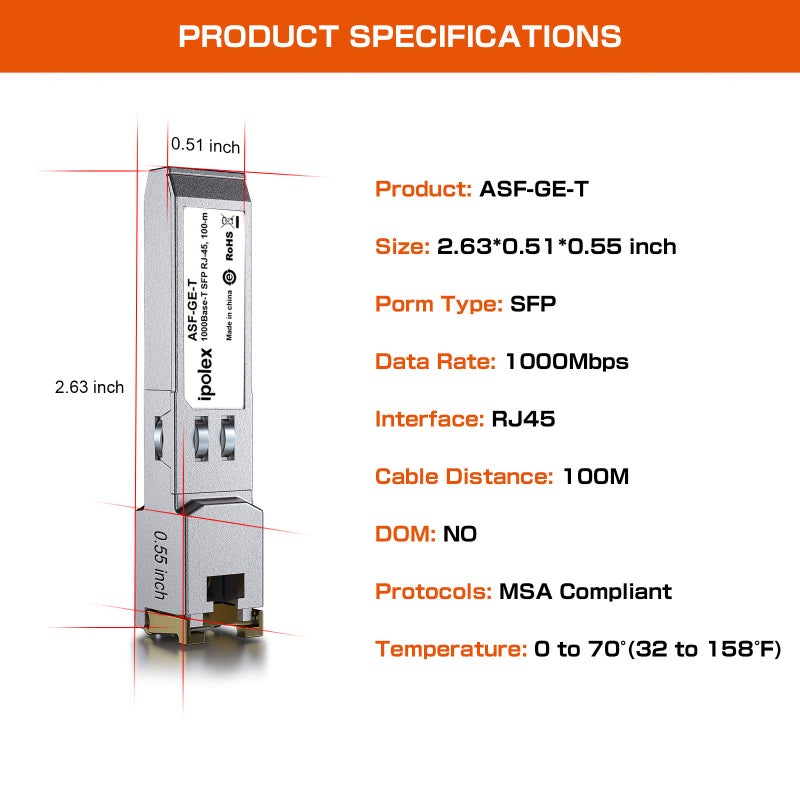 ipolex محول الإيثرنت النحاسي iPolex Gigabit SFP إلى RJ45 1000Base-T، وحدة SFP-T نحاسية 1.25G، لـ Ubiquiti UniFi UF-RJ45-1G/UACC-CM-RJ45-1G، Cisco، Mikrotik، Netgear، TP-Link، والمزيد (CAT5e/6، 100م) - Image 4